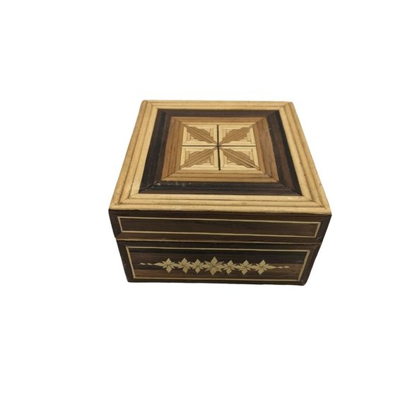 VTG Slat Texture Bamboo Wood Cover Trinket Stash Jewelry Box 4.5" x 4.5" - Picture 3 of 7